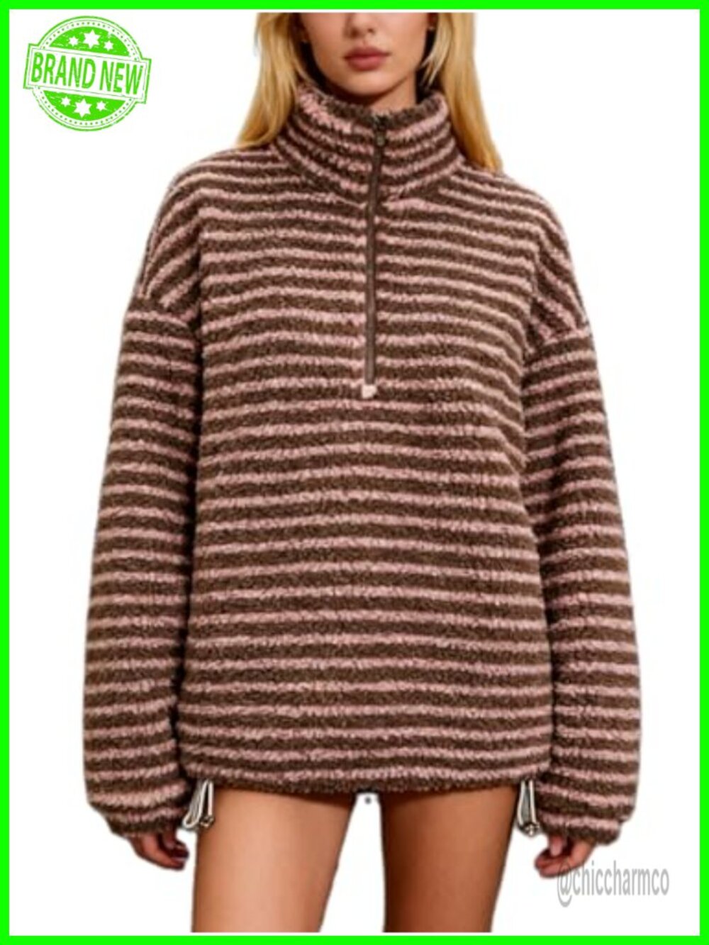 Striped Fleece Sherpa Jacket Quarter Zip Fuzzy Pullover Long Sleeve